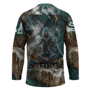 Atum Hockey Jersey Ancient Egyptian Teal Marble Smoke, Solar Barque Crown, Creator Deity Statue - African Pride