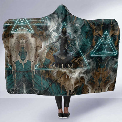 Atum Hooded Blanket Ancient Egyptian Teal Marble Smoke, Solar Barque Crown, Creator Deity Statue - African Pride