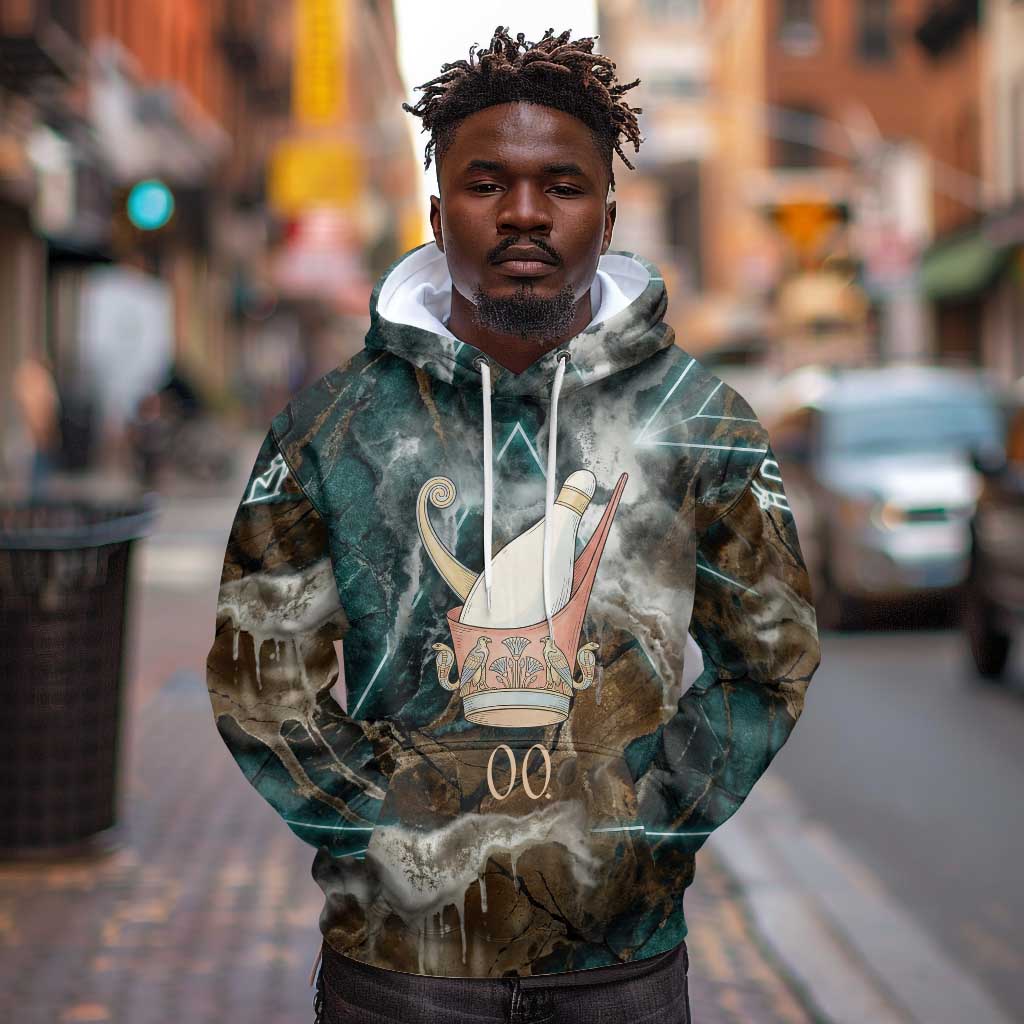 Atum Hoodie Ancient Egyptian Teal Marble Smoke, Solar Barque Crown, Creator Deity Statue - African Pride