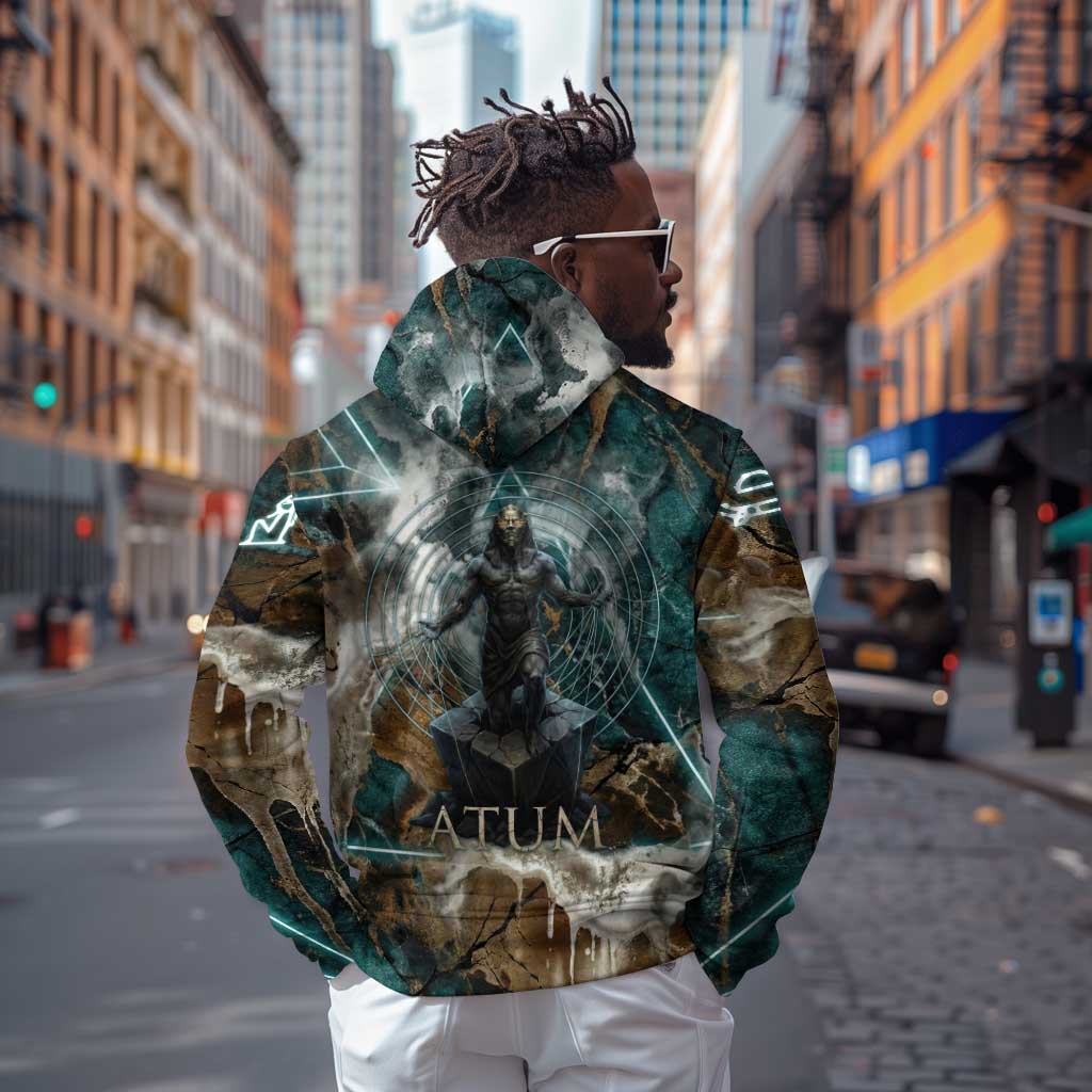 Atum Hoodie Ancient Egyptian Teal Marble Smoke, Solar Barque Crown, Creator Deity Statue - African Pride