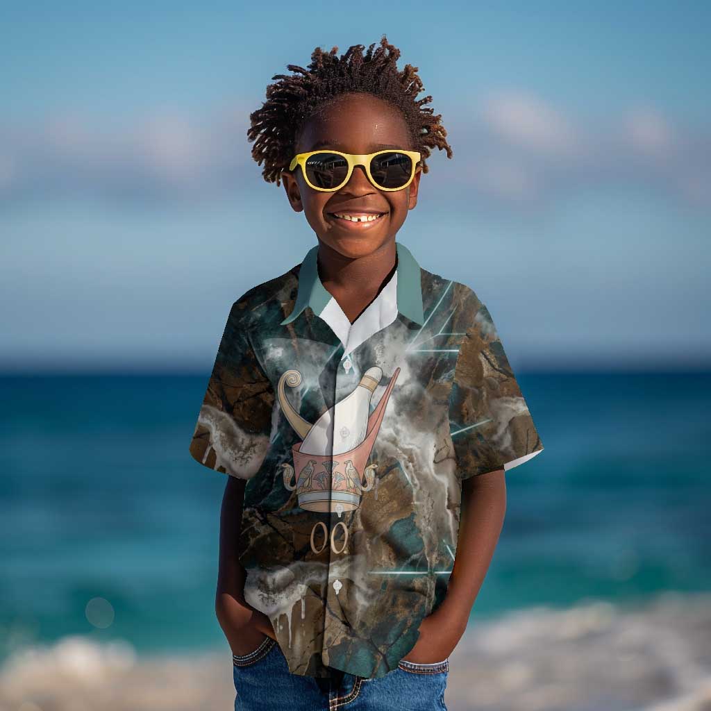 Atum Kid Hawaiian Shirt Ancient Egyptian Teal Marble Smoke, Solar Barque Crown, Creator Deity Statue - African Pride