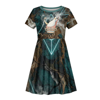Atum Kid Short Sleeve Dress Ancient Egyptian Teal Marble Smoke, Solar Barque Crown, Creator Deity Statue - African Pride