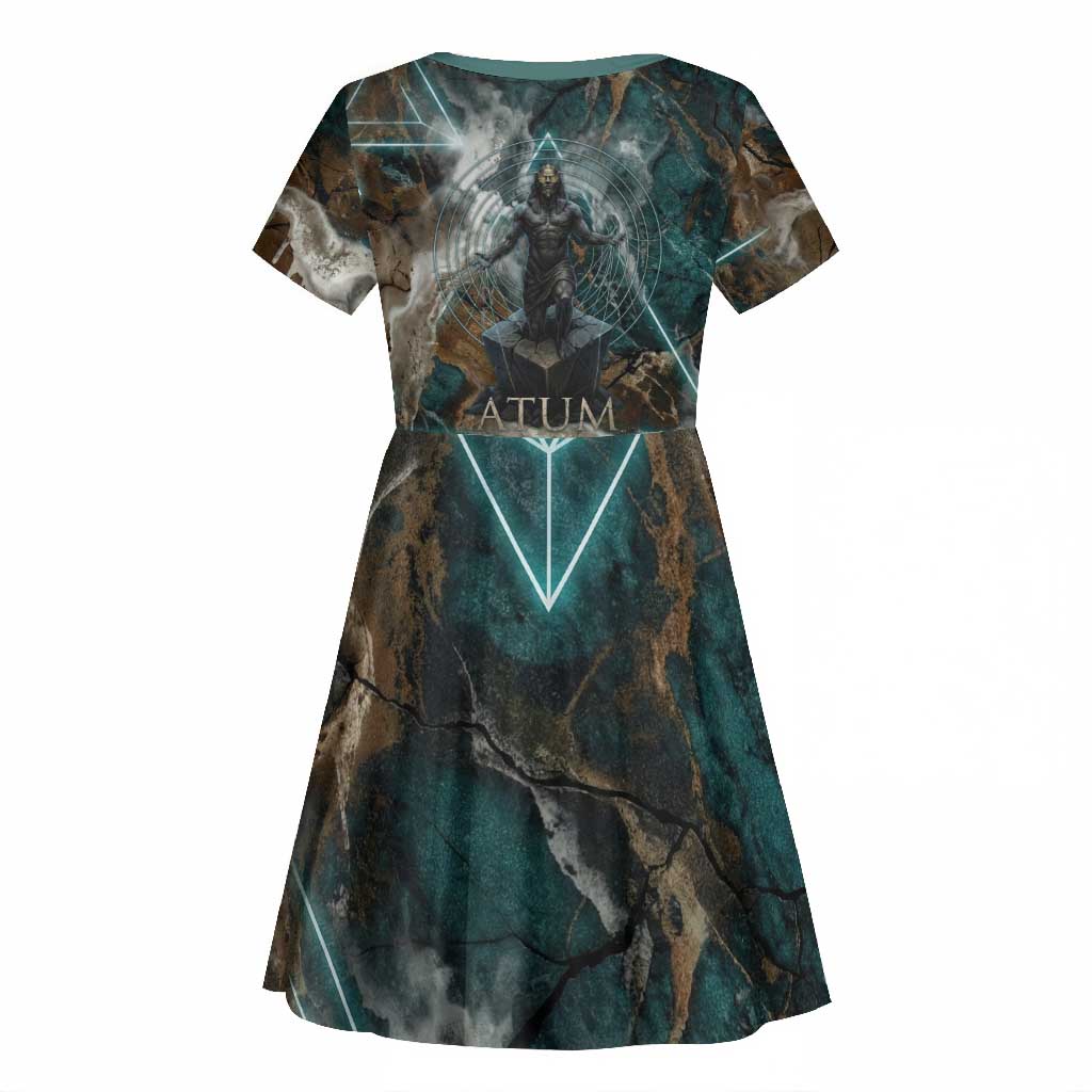 Atum Kid Short Sleeve Dress Ancient Egyptian Teal Marble Smoke, Solar Barque Crown, Creator Deity Statue - African Pride