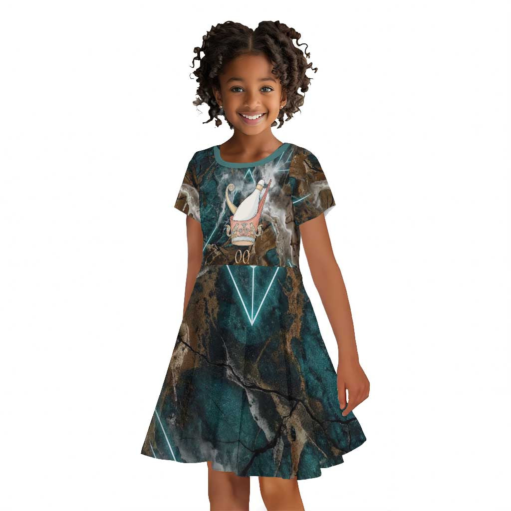 Atum Kid Short Sleeve Dress Ancient Egyptian Teal Marble Smoke, Solar Barque Crown, Creator Deity Statue - African Pride