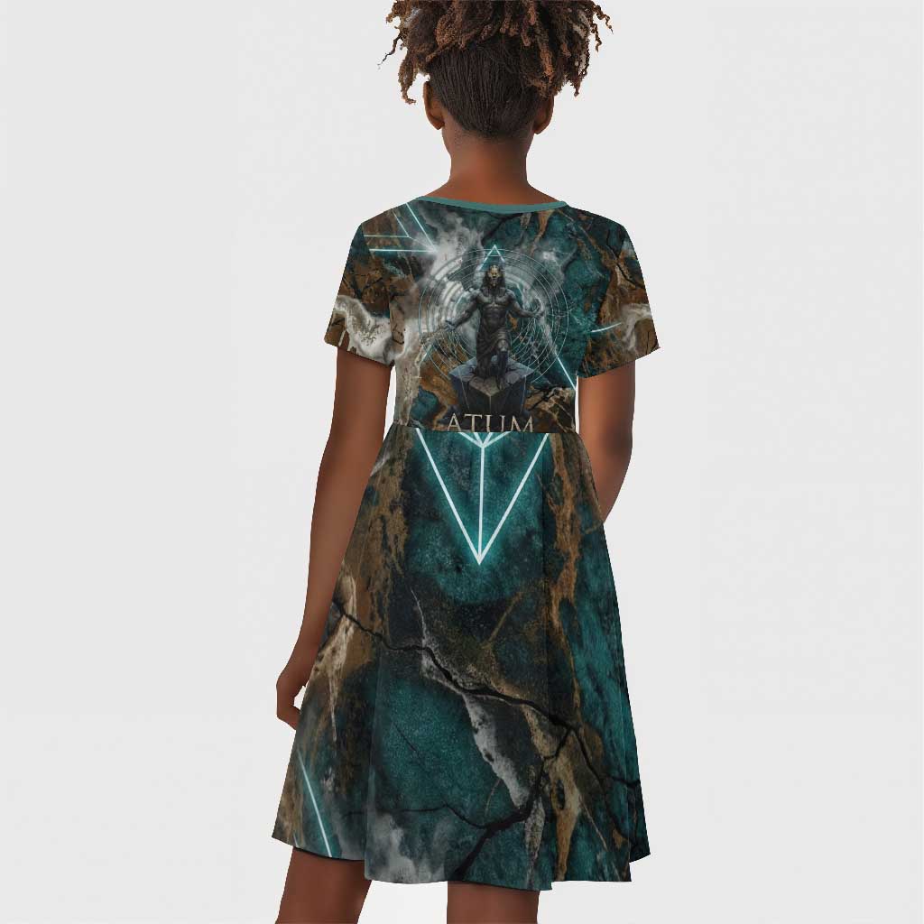 Atum Kid Short Sleeve Dress Ancient Egyptian Teal Marble Smoke, Solar Barque Crown, Creator Deity Statue - African Pride