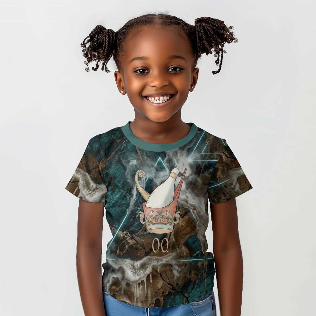 Atum Kid T shirt Ancient Egyptian Teal Marble Smoke, Solar Barque Crown, Creator Deity Statue - African Pride
