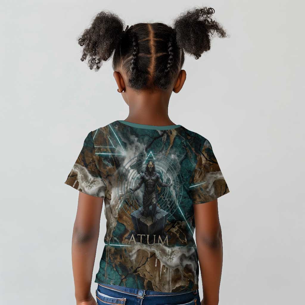 Atum Kid T shirt Ancient Egyptian Teal Marble Smoke, Solar Barque Crown, Creator Deity Statue - African Pride