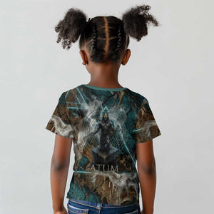 Atum Kid T shirt Ancient Egyptian Teal Marble Smoke, Solar Barque Crown, Creator Deity Statue - African Pride