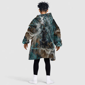 Atum Kid Wearable Blanket Hoodie Ancient Egyptian Teal Marble Smoke, Solar Barque Crown, Creator Deity Statue - African Pride