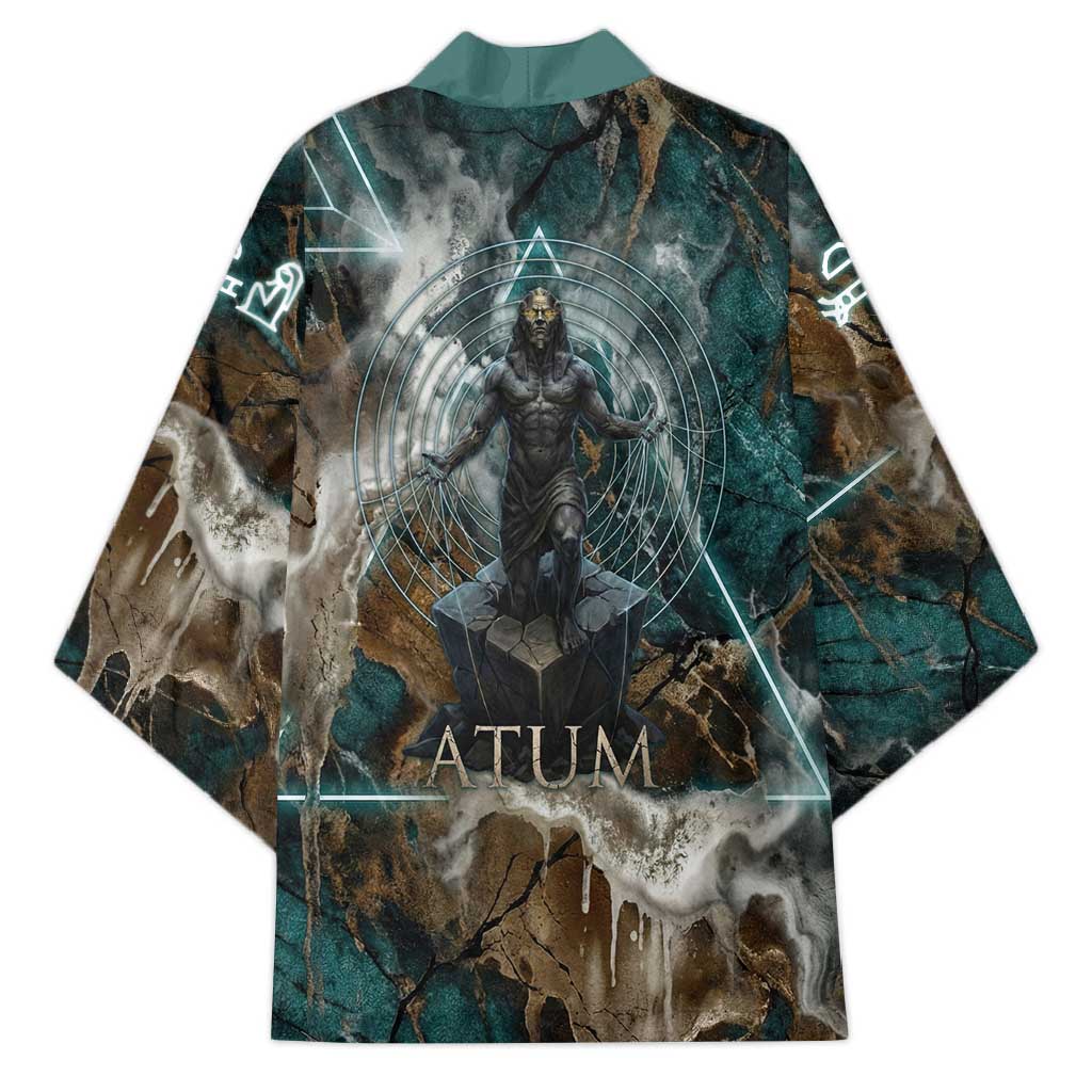 Atum Kimono Ancient Egyptian Teal Marble Smoke, Solar Barque Crown, Creator Deity Statue - African Pride