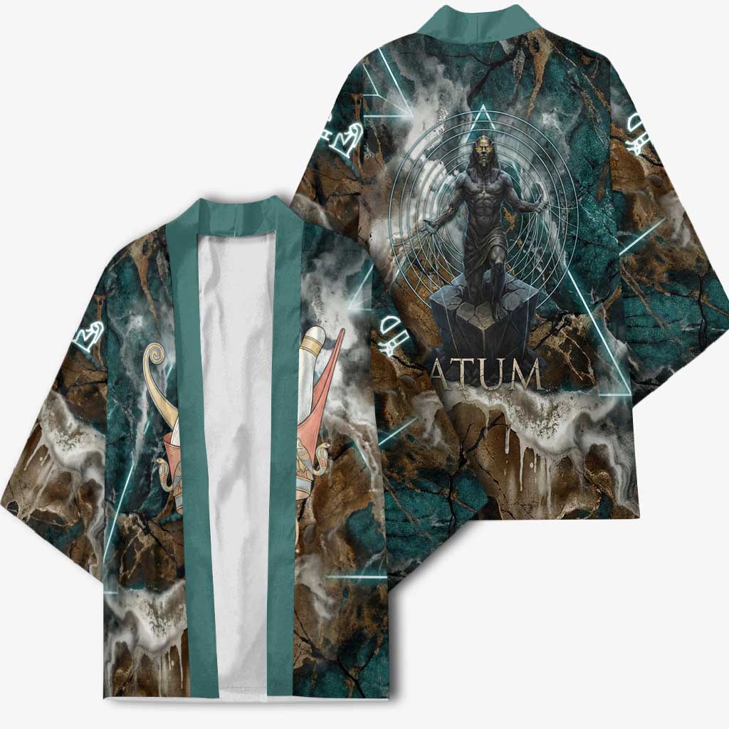 Atum Kimono Ancient Egyptian Teal Marble Smoke, Solar Barque Crown, Creator Deity Statue - African Pride
