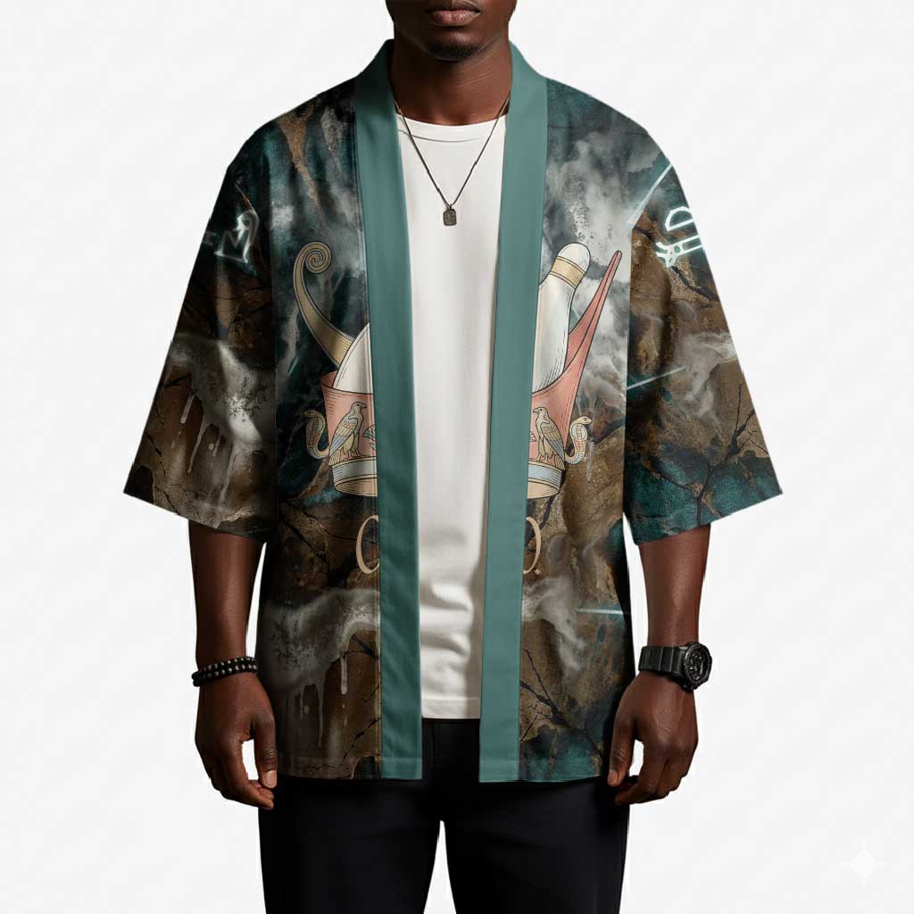 Atum Kimono Ancient Egyptian Teal Marble Smoke, Solar Barque Crown, Creator Deity Statue - African Pride
