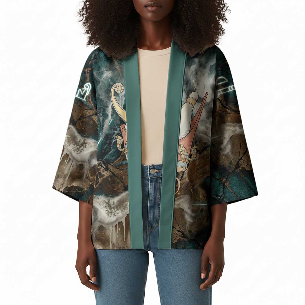 Atum Kimono Ancient Egyptian Teal Marble Smoke, Solar Barque Crown, Creator Deity Statue - African Pride