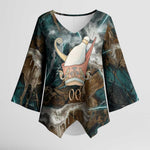 Atum Kimono Sleeve Blouse Ancient Egyptian Teal Marble Smoke, Solar Barque Crown, Creator Deity Statue - African Pride