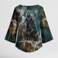 Atum Kimono Sleeve Blouse Ancient Egyptian Teal Marble Smoke, Solar Barque Crown, Creator Deity Statue - African Pride