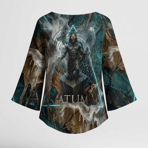Atum Kimono Sleeve Blouse Ancient Egyptian Teal Marble Smoke, Solar Barque Crown, Creator Deity Statue - African Pride