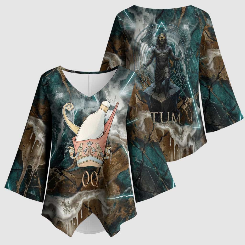 Atum Kimono Sleeve Blouse Ancient Egyptian Teal Marble Smoke, Solar Barque Crown, Creator Deity Statue - African Pride