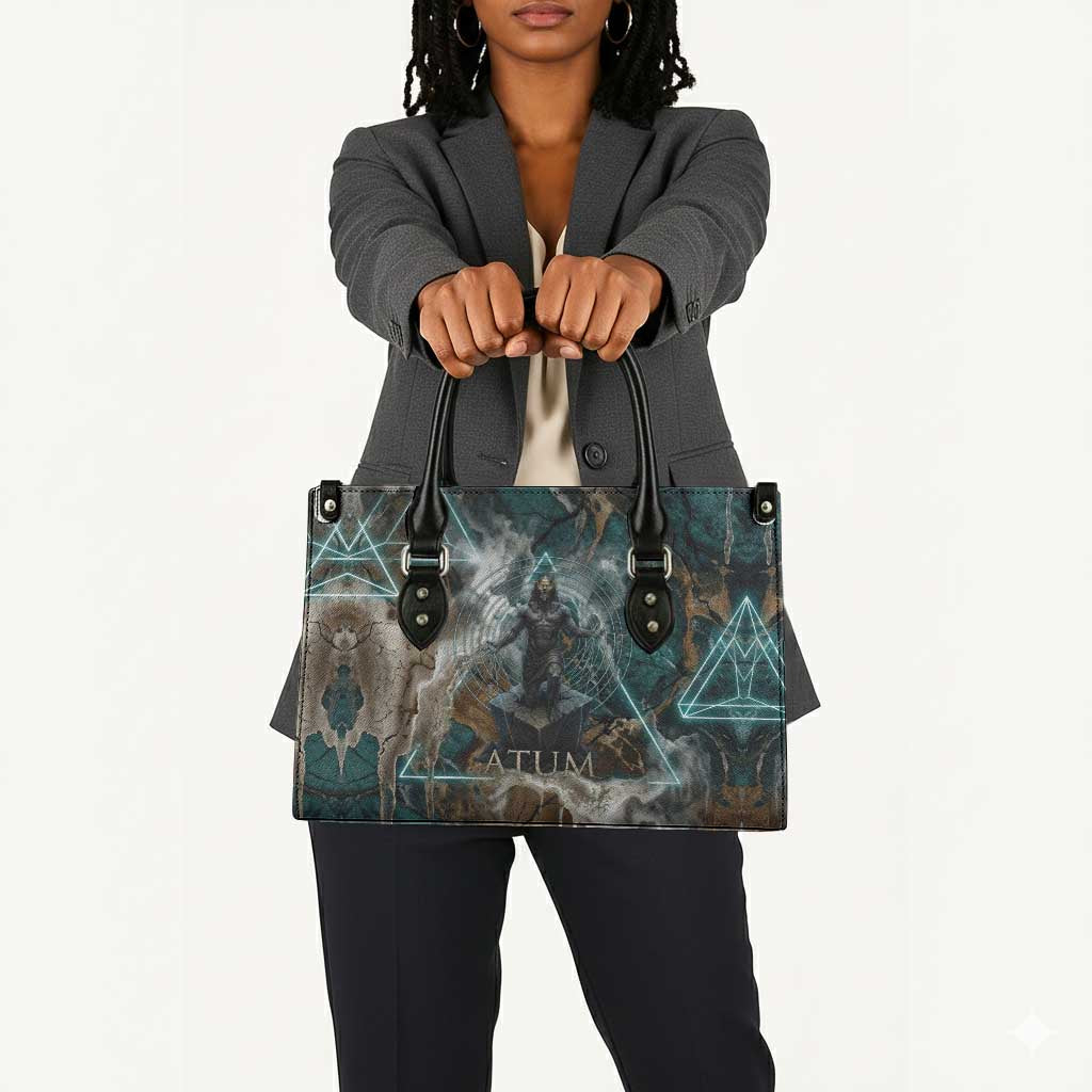 Atum Leather Bag Ancient Egyptian Teal Marble Smoke, Solar Barque Crown, Creator Deity Statue - African Pride