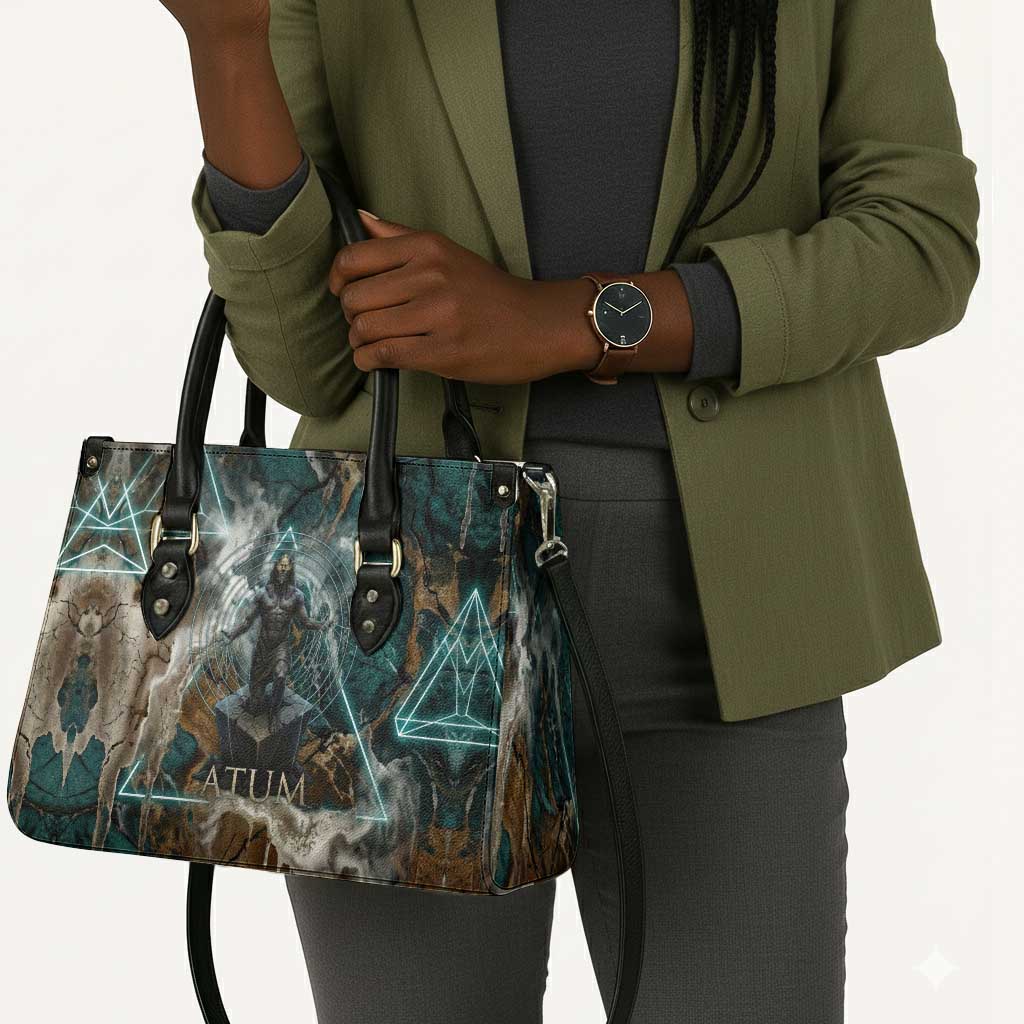 Atum Leather Bag Ancient Egyptian Teal Marble Smoke, Solar Barque Crown, Creator Deity Statue - African Pride