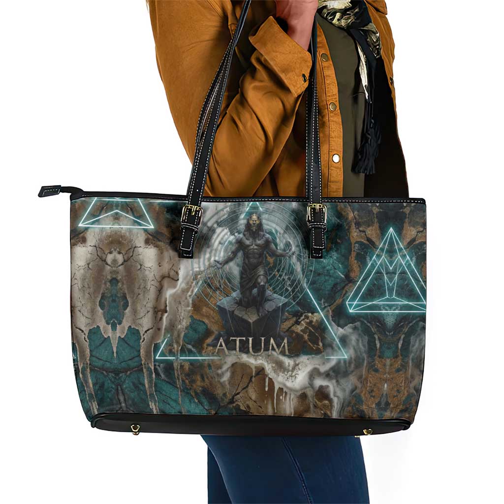 Atum Leather Tote Bag Ancient Egyptian Teal Marble Smoke, Solar Barque Crown, Creator Deity Statue - African Pride