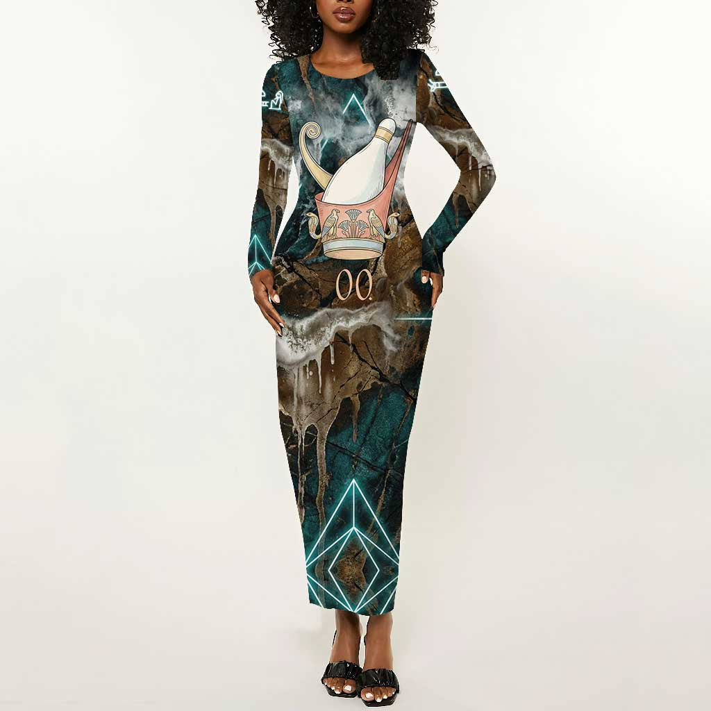 Atum Long Sleeve Bodycon Dress Ancient Egyptian Teal Marble Smoke, Solar Barque Crown, Creator Deity Statue - African Pride