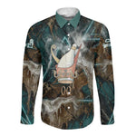 Atum Long Sleeve Button Shirt Ancient Egyptian Teal Marble Smoke, Solar Barque Crown, Creator Deity Statue - African Pride