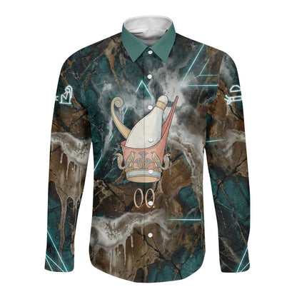Atum Long Sleeve Button Shirt Ancient Egyptian Teal Marble Smoke, Solar Barque Crown, Creator Deity Statue - African Pride