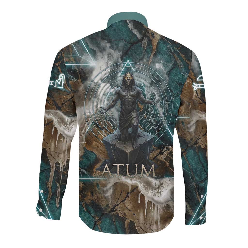 Atum Long Sleeve Button Shirt Ancient Egyptian Teal Marble Smoke, Solar Barque Crown, Creator Deity Statue - African Pride