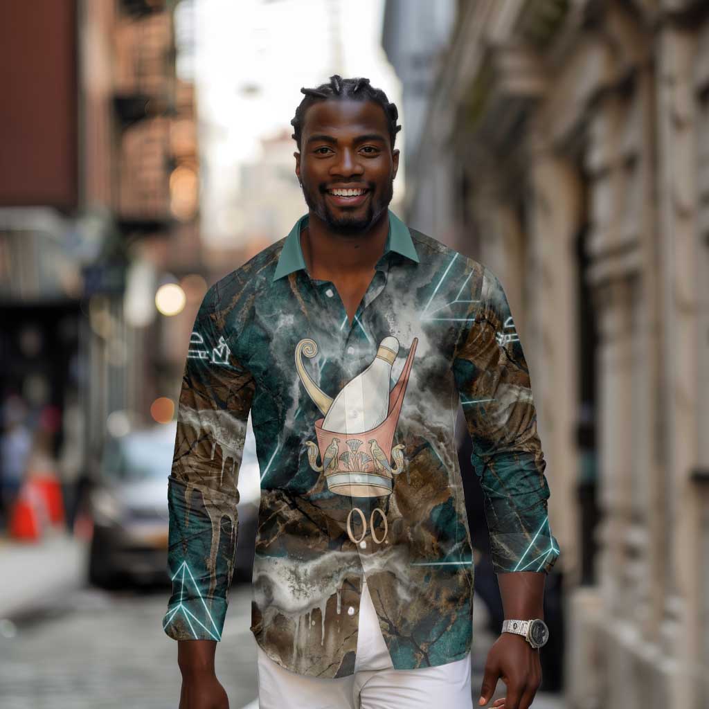 Atum Long Sleeve Button Shirt Ancient Egyptian Teal Marble Smoke, Solar Barque Crown, Creator Deity Statue - African Pride