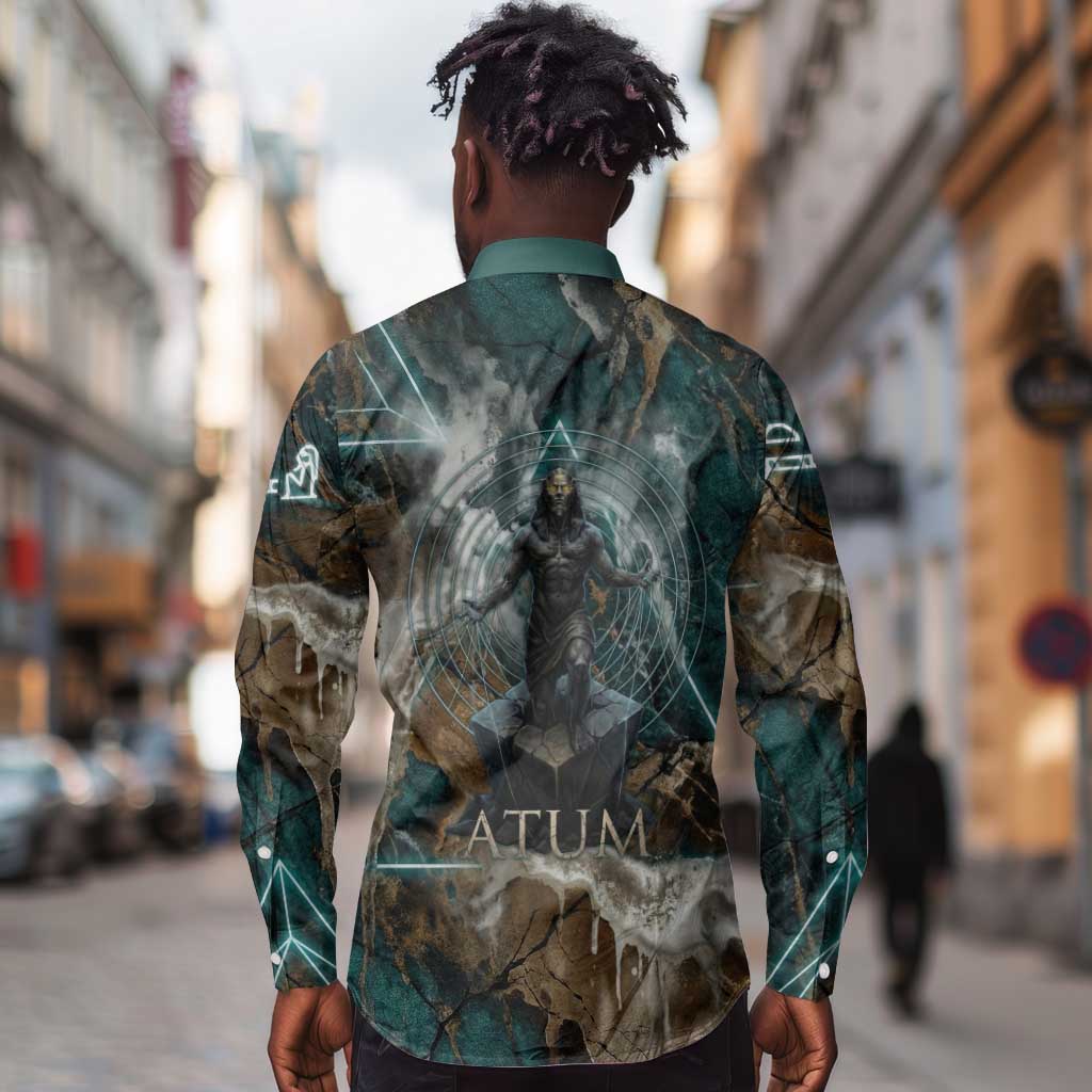 Atum Long Sleeve Button Shirt Ancient Egyptian Teal Marble Smoke, Solar Barque Crown, Creator Deity Statue - African Pride