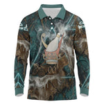 Atum Long Sleeve Polo Shirt Ancient Egyptian Teal Marble Smoke, Solar Barque Crown, Creator Deity Statue - African Pride