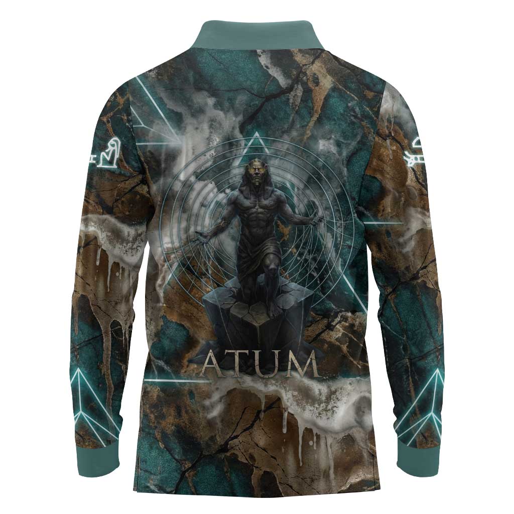 Atum Long Sleeve Polo Shirt Ancient Egyptian Teal Marble Smoke, Solar Barque Crown, Creator Deity Statue - African Pride