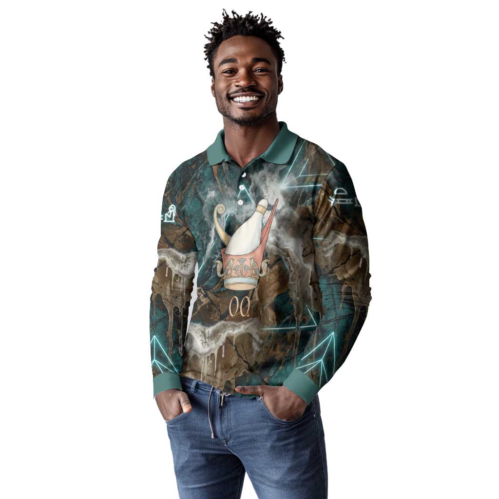 Atum Long Sleeve Polo Shirt Ancient Egyptian Teal Marble Smoke, Solar Barque Crown, Creator Deity Statue - African Pride