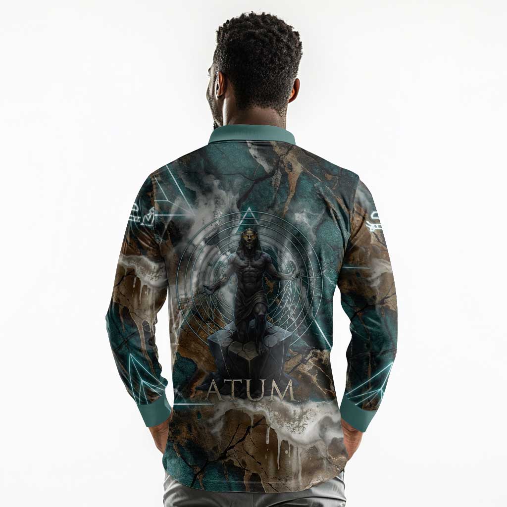 Atum Long Sleeve Polo Shirt Ancient Egyptian Teal Marble Smoke, Solar Barque Crown, Creator Deity Statue - African Pride