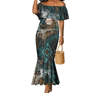 Atum Mermaid Dress Ancient Egyptian Teal Marble Smoke, Solar Barque Crown, Creator Deity Statue - African Pride
