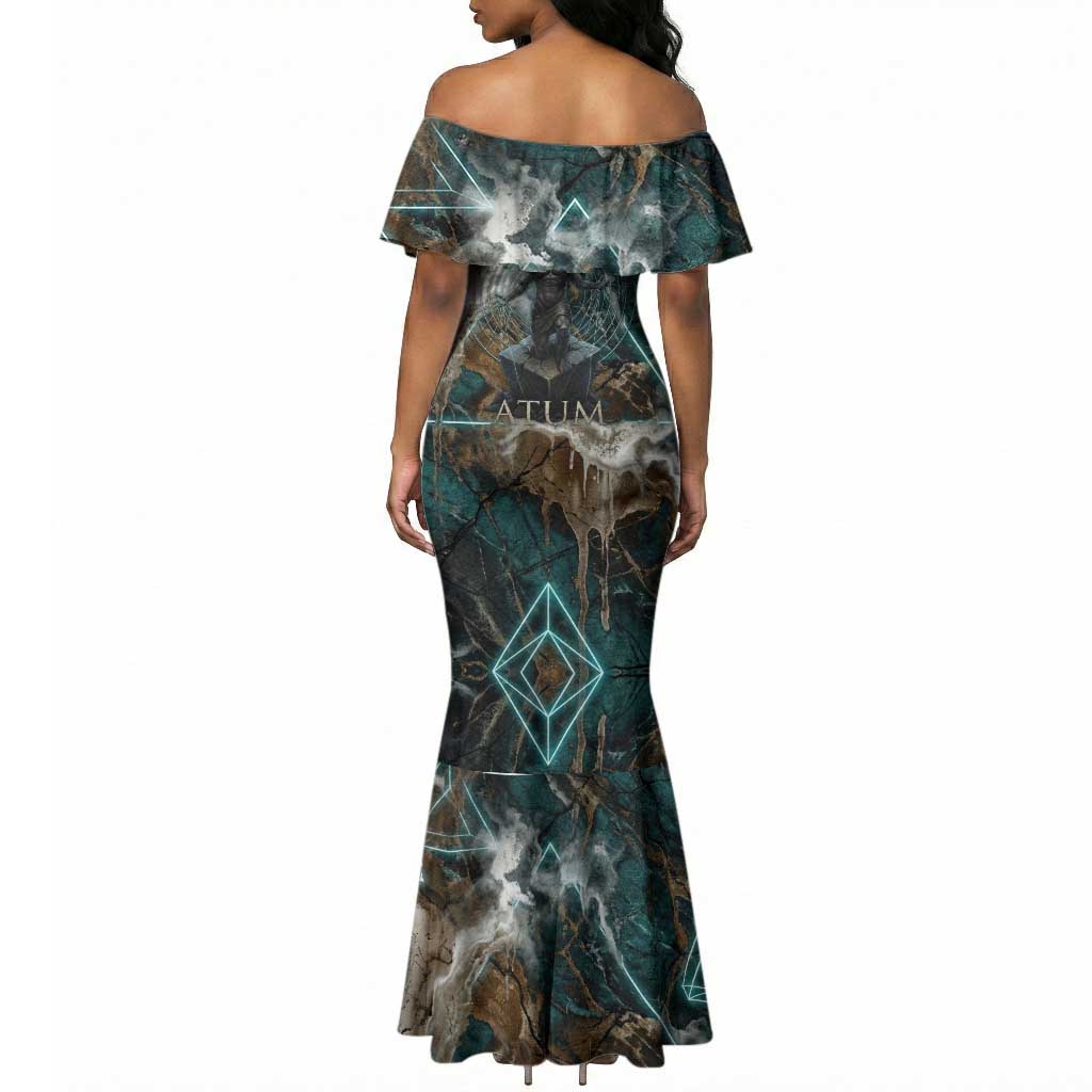 Atum Mermaid Dress Ancient Egyptian Teal Marble Smoke, Solar Barque Crown, Creator Deity Statue - African Pride