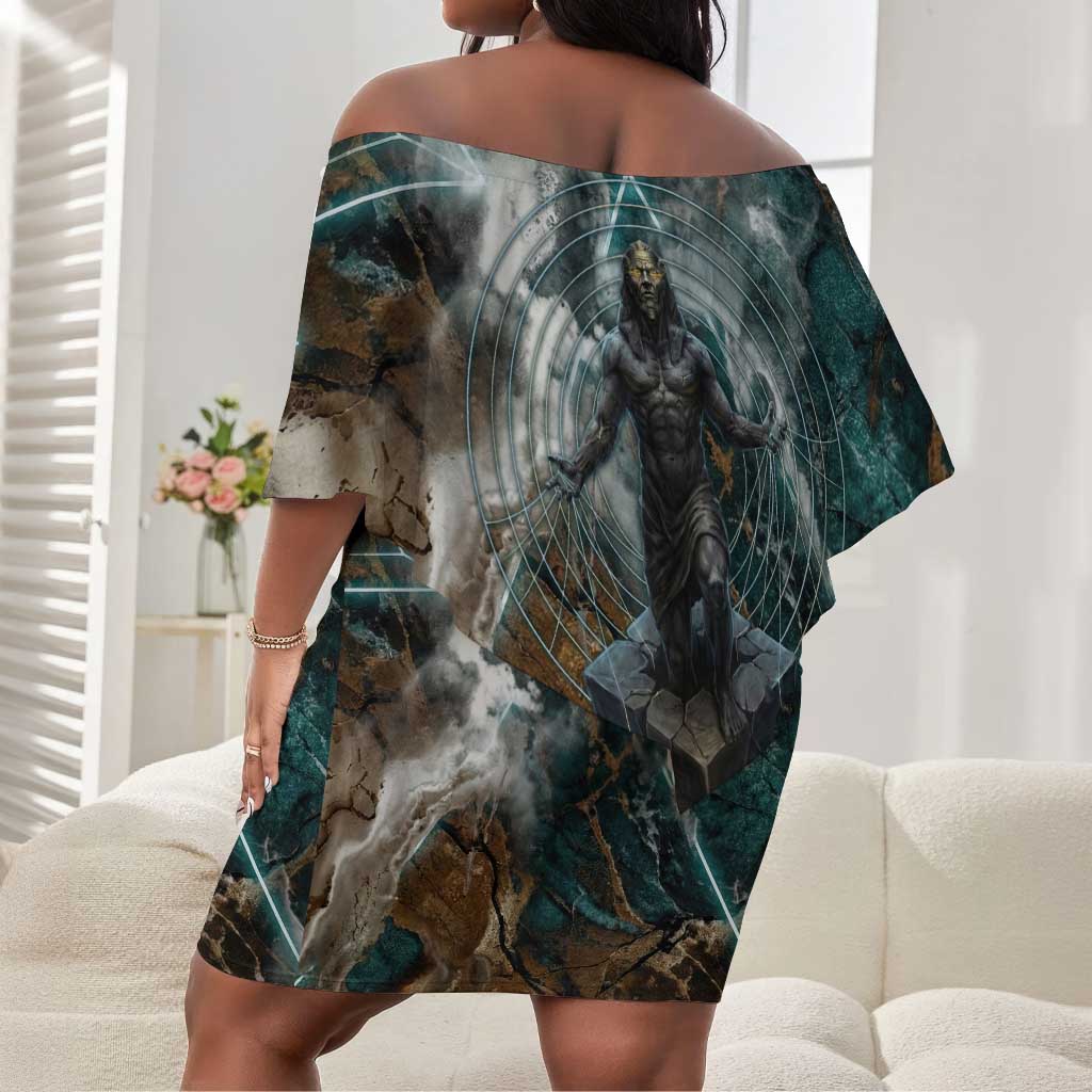 Atum Off Shoulder Short Dress Ancient Egyptian Teal Marble Smoke, Solar Barque Crown, Creator Deity Statue - African Pride