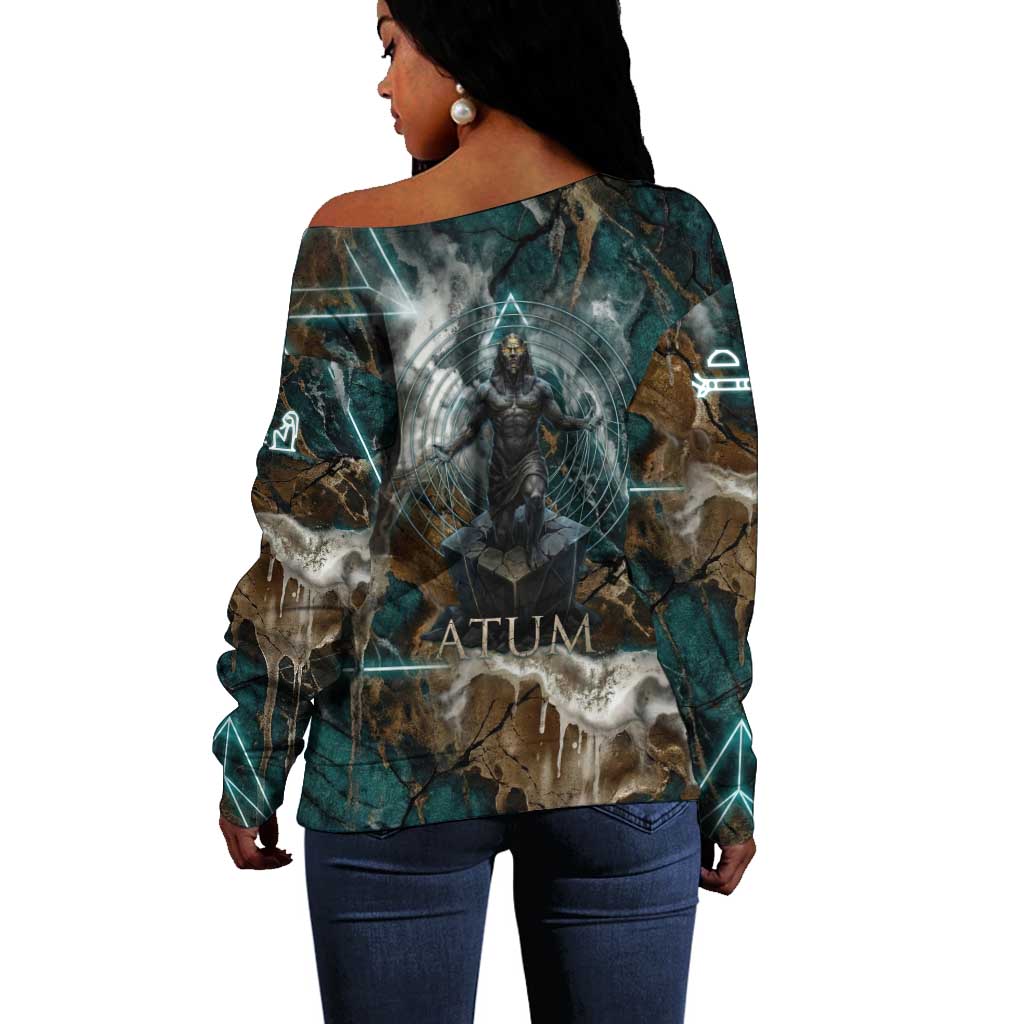 Atum Off Shoulder Sweater Ancient Egyptian Teal Marble Smoke, Solar Barque Crown, Creator Deity Statue - African Pride
