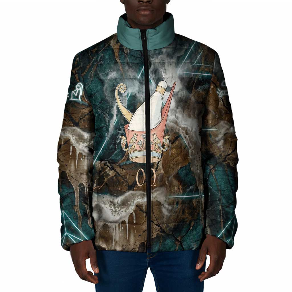 Atum Padded Jacket Ancient Egyptian Teal Marble Smoke, Solar Barque Crown, Creator Deity Statue - African Pride