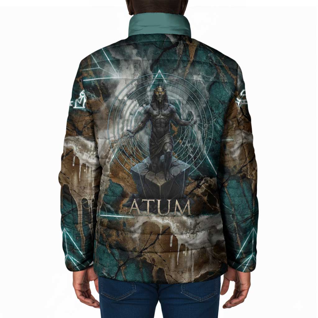 Atum Padded Jacket Ancient Egyptian Teal Marble Smoke, Solar Barque Crown, Creator Deity Statue - African Pride