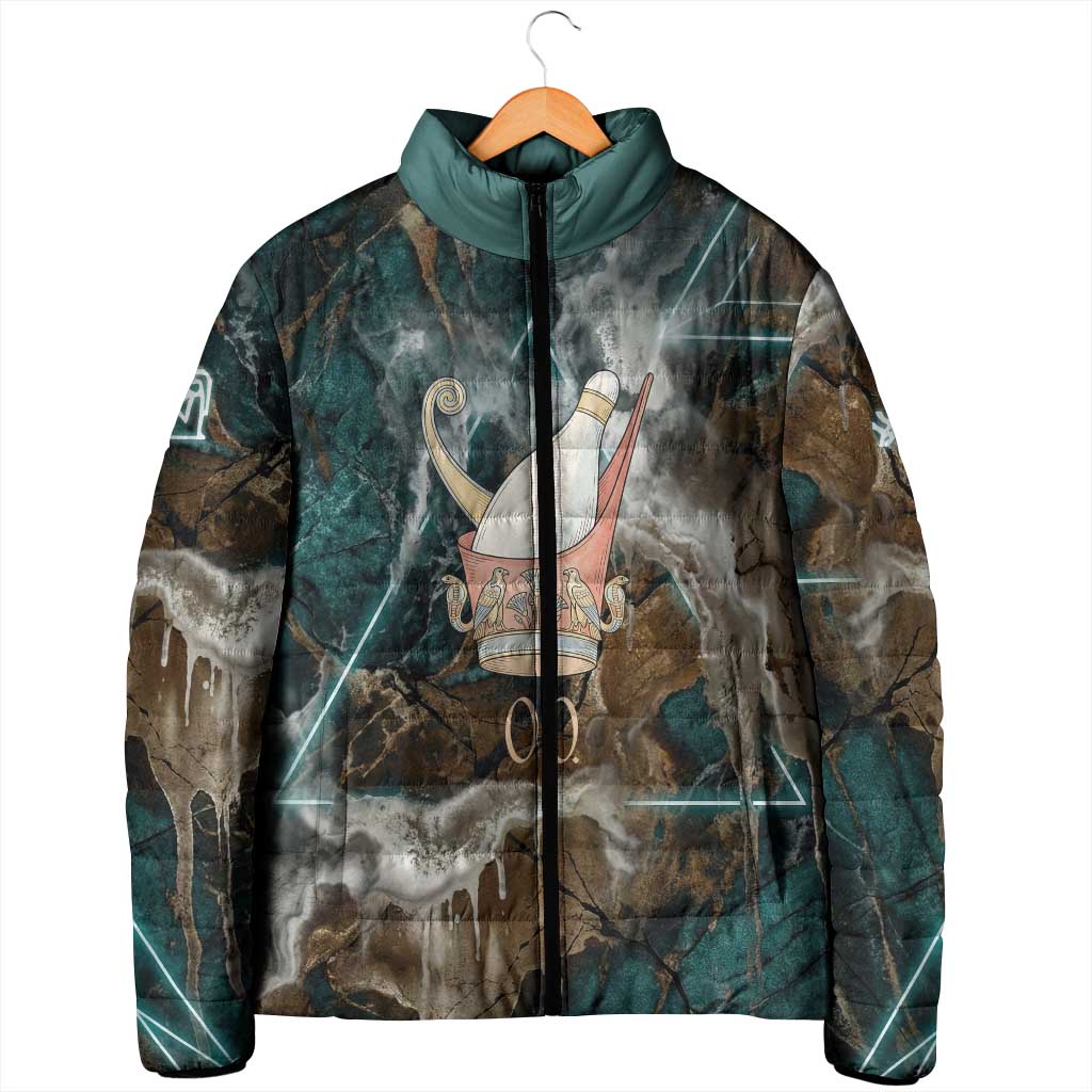 Atum Padded Jacket Ancient Egyptian Teal Marble Smoke, Solar Barque Crown, Creator Deity Statue - African Pride