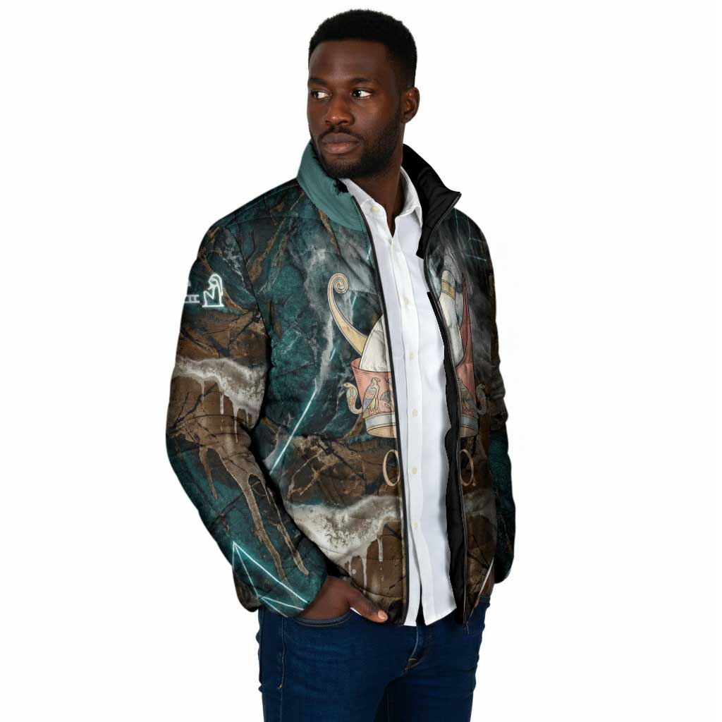 Atum Padded Jacket Ancient Egyptian Teal Marble Smoke, Solar Barque Crown, Creator Deity Statue - African Pride