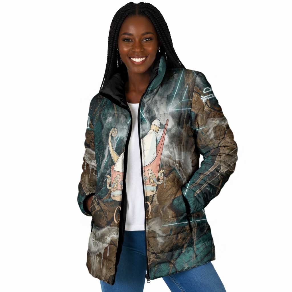 Atum Padded Jacket Ancient Egyptian Teal Marble Smoke, Solar Barque Crown, Creator Deity Statue - African Pride