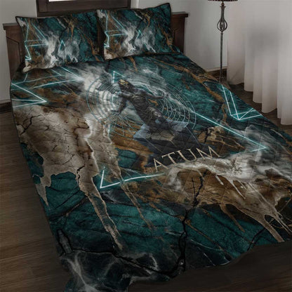 Atum Quilt Bed Set Ancient Egyptian Teal Marble Smoke, Solar Barque Crown, Creator Deity Statue - African Pride
