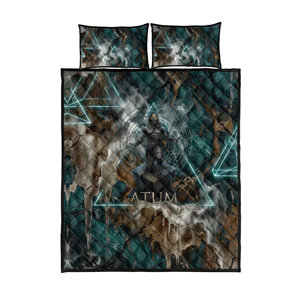 Atum Quilt Bed Set Ancient Egyptian Teal Marble Smoke, Solar Barque Crown, Creator Deity Statue - African Pride