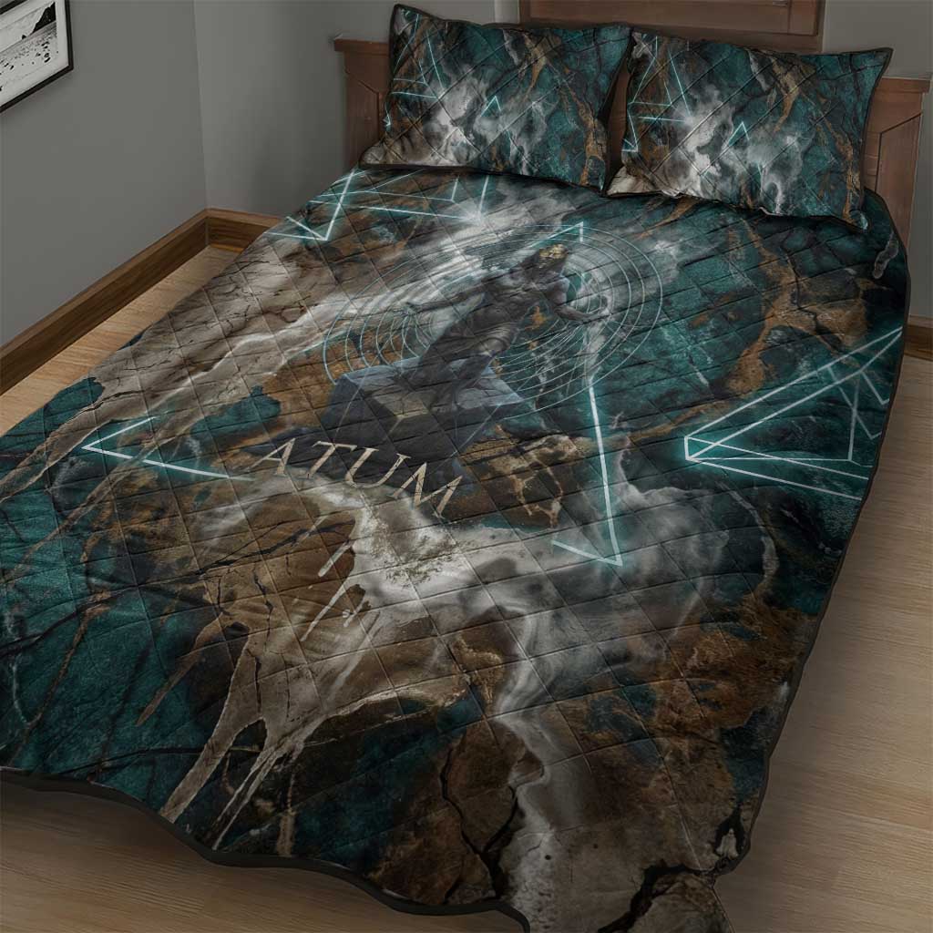 Atum Quilt Bed Set Ancient Egyptian Teal Marble Smoke, Solar Barque Crown, Creator Deity Statue - African Pride