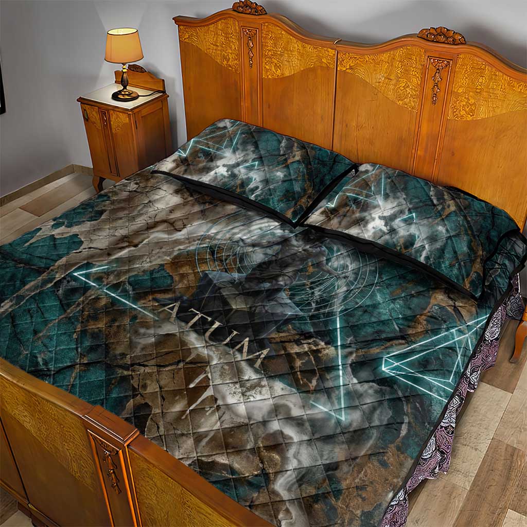 Atum Quilt Bed Set Ancient Egyptian Teal Marble Smoke, Solar Barque Crown, Creator Deity Statue - African Pride