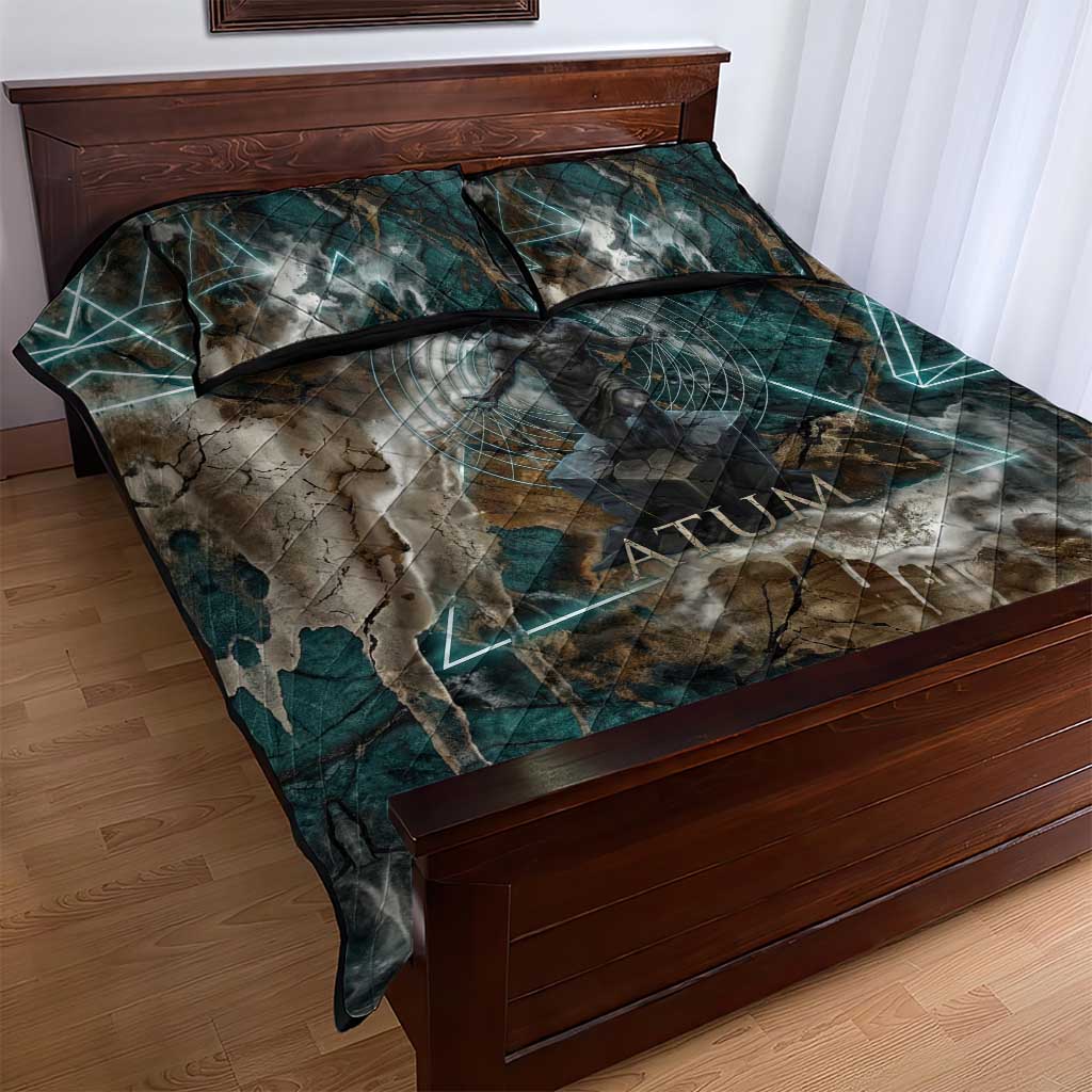 Atum Quilt Bed Set Ancient Egyptian Teal Marble Smoke, Solar Barque Crown, Creator Deity Statue - African Pride