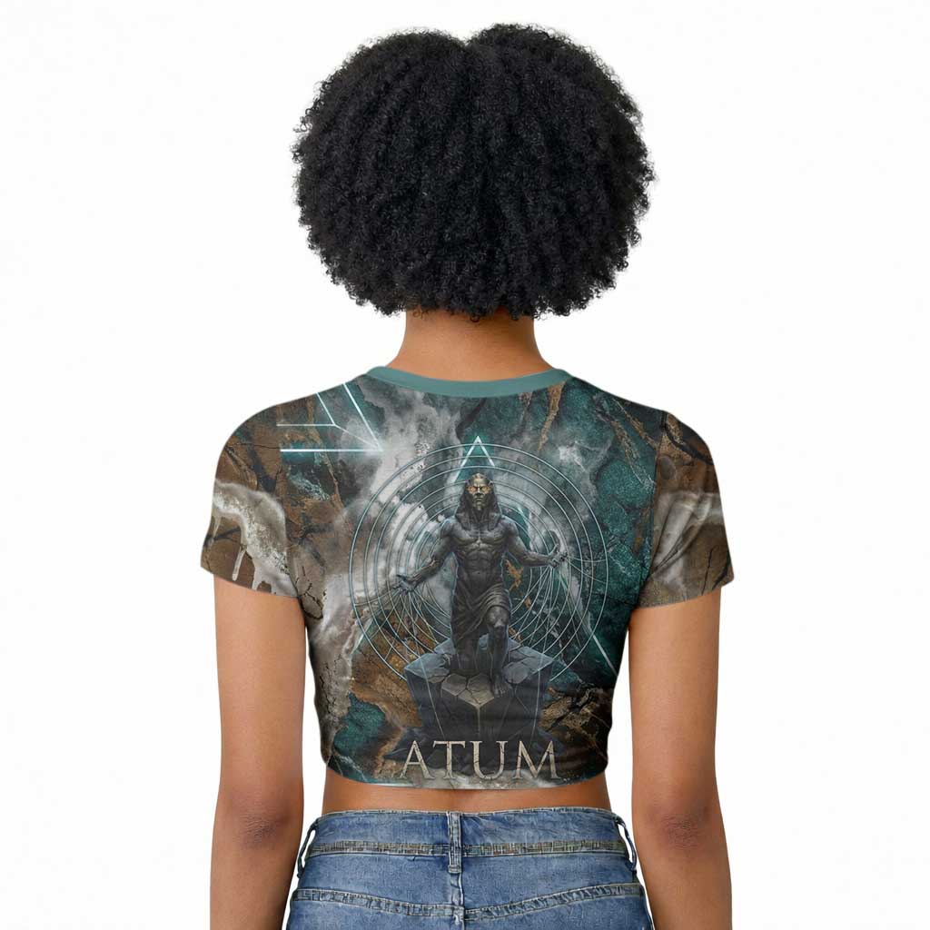 Atum Raglan Cropped T shirt Ancient Egyptian Teal Marble Smoke, Solar Barque Crown, Creator Deity Statue - African Pride