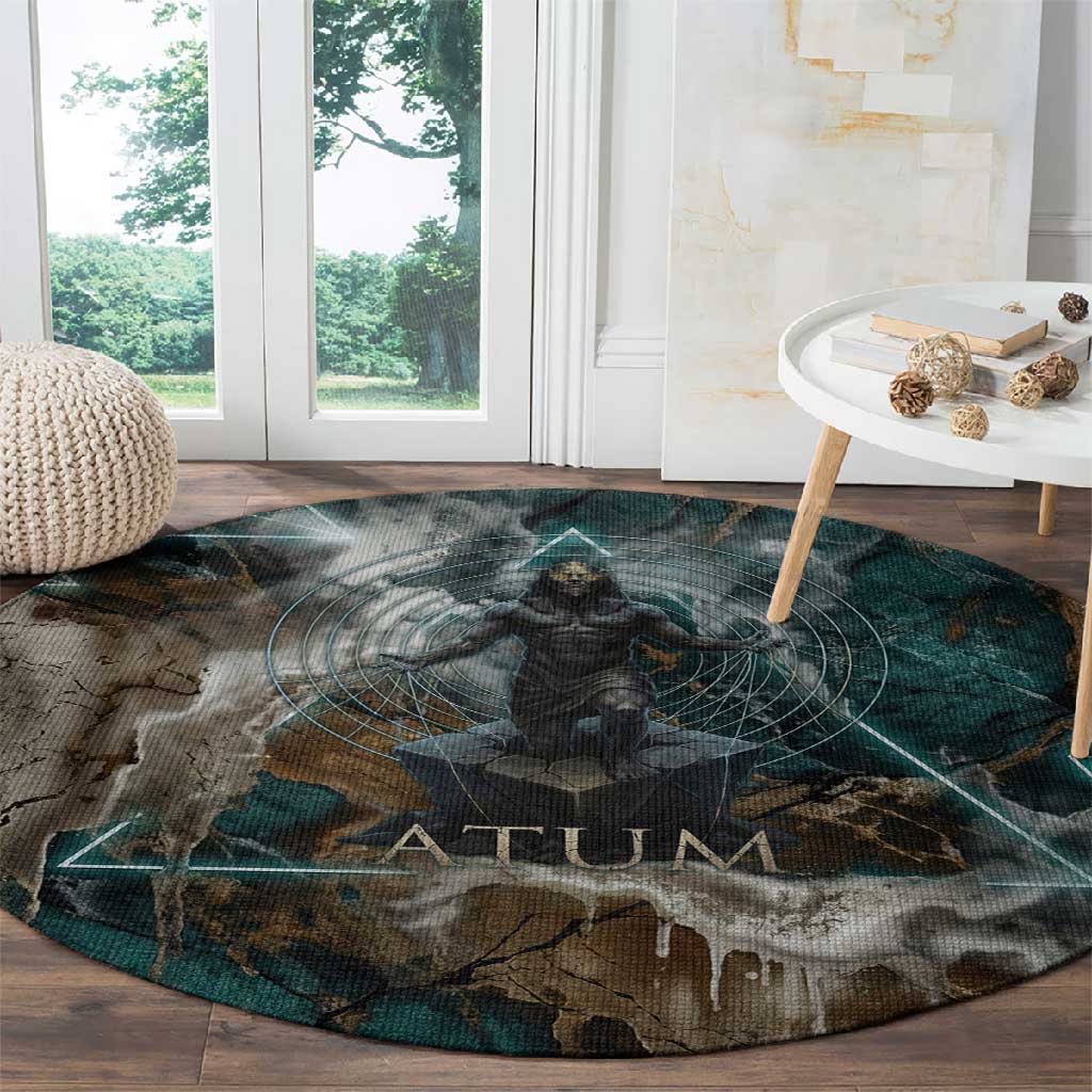Atum Round Carpet Ancient Egyptian Teal Marble Smoke, Solar Barque Crown, Creator Deity Statue - African Pride